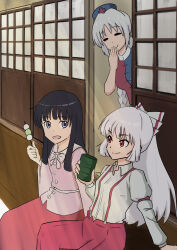  3girls absurdres aoiueo black_hair blue_dress blue_hat bow bowtie braid closed_eyes closed_mouth collared_shirt commentary_request cross cross_print cup dango dress food fujiwara_no_mokou grey_eyes grey_hair hair_bow hat highres holding holding_skewer houraisan_kaguya long_hair long_skirt long_sleeves multiple_girls nurse_cap pants pink_shirt print_hat red_cross red_dress red_eyes red_pants red_skirt sanshoku_dango shirt shouji single_braid sitting skewer skirt sliding_doors smile suspenders touhou two-tone_dress very_long_hair wagashi white_bow white_bowtie white_shirt wide_sleeves yagokoro_eirin yunomi 
