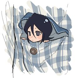  1girl black_hair bleach blush_stickers breast_pocket buttons grey_eyes hair_between_eyes in_pocket kuchiki_rukia mini_person minigirl pocket qaiiri 