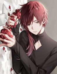  1boy black_shirt cleavage_cutout clothing_cutout commentary diamond_cutout flower green_eyes gumi_070 half-closed_eyes highres holding holding_flower lauren_iroas lauren_iroas_(1st_costume) long_hair long_sleeves looking_at_viewer lying male_focus nijisanji on_side petals ponytail red_flower red_hair red_rose rose rose_petals shirt sleeves_past_wrists solo turtleneck turtleneck_shirt untranslatable_commentary upper_body virtual_youtuber 