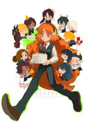  1other 6+boys 6+girls black_vest brown_hairband brown_shoes cake collared_shirt dante_(limbus_company) don_quixote_(project_moon) faust_(project_moon) food gift gregor_(project_moon) hairband heathcliff_(project_moon) highres holding holding_tray hong_lu_(project_moon) ishmael_(project_moon) limbus_company long_sleeves meursault_(project_moon) multiple_boys multiple_girls necktie outis_(project_moon) party_popper project_moon red_necktie rocket rodion_(project_moon) ryoshu_(project_moon) shirt shoes simple_background sinclair_(project_moon) tray vanlulu vest white_background white_shirt yi_sang_(project_moon) 