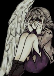  1girl :| black_background black_shoes blank_stare closed_mouth english_commentary feathered_wings hair_intakes hands_on_own_face highres jacket kishin_sagume knees_up looking_at_viewer peeking_through_fingers purple_skirt red_eyes shoes simple_background single_wing sitting skirt solo touhou umbrie white_hair white_jacket white_wings wings 