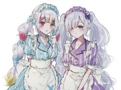  2girls alternate_costume apron artist_name blue_dress blue_hairband bow closed_mouth colored_tips commentary_request dress frilled_apron frilled_hairband frills hair_bow hair_over_one_eye hairband heterochromia jogasaki_noah kasai_(ksichan_25) long_hair looking_at_viewer mahou_shoujo_no_majo_saiban maid multi-tied_hair multicolored_hair multiple_girls natsume_an-an purple_dress purple_hairband red_eyes signature simple_background streaked_hair twitter_username very_long_hair violet_eyes white_background white_hair yellow_eyes 