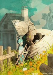  1girl 2024 ahoge ahoge_girl_(jimini_shijimi) alien animal_print aqua_hair aqua_sailor_collar aqua_skirt artist_name blunt_bangs cat cat_print commentary_request dated fantasy flower flying_saucer from_behind grass highres jimini_shijimi ladder low_twintails mountainous_horizon neckerchief no_pupils original outdoors pleated_skirt sailor_collar school_uniform science_fiction serafuku short_eyebrows short_hair short_twintails sidelocks skirt solo spacecraft sweatdrop toolbox twintails ufo 