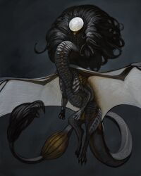  absurdres black_hair claws dragon flying gold_scales grey_scales highres juxartus monster moon night no_humans original scales tail_tuft 