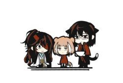  1girl 2boys animal_ears black_jacket cape cat_ears cat_tail chibi chinese_clothes dress full_body hanfu hong_lu_(hongyuan)_(project_moon) hong_lu_(project_moon) hongyuan_(identity)_(project_moon) ishmael_(project_moon) jacket limbus_company multiple_boys orange_hair project_moon red_cape red_dress red_panda_ears red_panda_tail short_hair simple_background tail white_background white_hanfu yi_sang_(project_moon) zikzikzik 