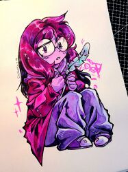  1other absurdres artist_name boxing_gloves buck_teeth chiinyeko colored_skin commentary deltarune feathers highres holding holding_feather looking_at_viewer pants purple_hair purple_pants purple_shoes purple_skin round_eyewear seth_(deltarune) shoes sitting solo teeth traditional_media utdr_(toby_fox) violet_eyes 