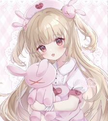  bandaged_wrist bandages brown_hair buttons center_frills collared_shirt commentary_request dress fang frills hat heart highres holding holding_stuffed_toy indie_virtual_youtuber long_hair mofuuneko natori_sana natori_sana_(nurse) nurse_cap open_mouth pink_dress puffy_short_sleeves puffy_sleeves red_eyes sana_channel shirt short_sleeves stuffed_toy upper_body very_long_hair virtual_youtuber white_shirt 