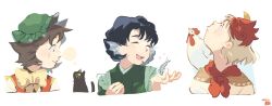  3girls :d animal_ears animal_on_head animal_on_shoulder bird bird_on_head bird_on_shoulder blonde_hair blue_hair blush bow bowtie brown_hair capelet cat cat_ears cat_girl chen chicken closed_eyes commentary_request dated fins fish green_hat green_kimono hands_up hat head_fins heart highres japanese_clothes kimono kokechankokko looking_up mob_cap multicolored_hair multiple_girls neckerchief niwatari_kutaka on_head orange_capelet profile red_eyes red_hair red_neckerchief red_vest shirt short_hair smile touhou two-tone_hair upper_body vest wakasagihime white_background white_shirt yellow_bow yellow_bowtie 