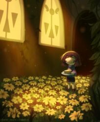  1other androgynous arito_meew blue_sweater brown_hair closed_eyes commentary flower food frisk_(undertale) full_body highres holding holding_plate long_sleeves no_mouth other_focus pie plate short_hair shorts striped_clothes striped_sweater sweater undertale untranslatable_commentary utdr_(toby_fox) yellow_flower 