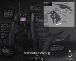  1girl absurdres aircraft airplane artist_name assault_rifle commentary_request full_body goggles goggles_on_head grass gun head-mounted_display highres holding holding_gun holding_weapon joints looking_at_viewer mecha_musume mechanical_wings missile_pod night original pink_eyes purple_hair rifle robot_joints rocket_launcher science_fiction solo soruto_0w98e standing translation_request weapon wings 