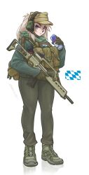  1girl absurdres bad_source bavarian_flag blonde_hair blue_eyes body_armor brown_gloves can flag_patch freckles frown full_body gloves green_jacket green_pants green_shoes gun hat highres holding holding_can holding_gun holding_weapon jacket long_hair looking_at_viewer magazine_(weapon) original pants patch peaked_cap red_bull shoes soldier solo weapon weapon_request zap-nik 