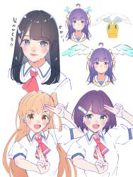  4girls absurdres animification aqua_eyes azabu_mai black_hair blunt_bangs blush brown_eyes chofu_noriko closed_mouth collared_shirt commentary_request dou-da?_doing! dragonite endo_rina expressionless fujiwaland grey_eyes hair_ornament head_wings highres ikizulive!_love_live!_bluebird long_hair love_high_school_uniform love_live! mega_dragonite multiple_girls multiple_views neckerchief orange_eyes orange_hair pink_neckerchief pokemon puffy_short_sleeves puffy_sleeves real_life school_uniform shirt short_hair short_sleeves smile takahashi_polka translation_request violet_eyes voice_actor white_shirt wing_hair_ornament wings 