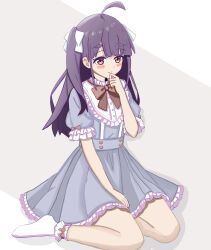  1girl absurdres ahoge blush bow brown_eyes chofu_noriko closed_mouth commentary_request dress frilled_sleeves frilled_socks frills grey_dress hair_bow highres ikizulive!_love_live!_bluebird long_hair love_live! puffy_short_sleeves puffy_sleeves purple_hair short_sleeves sitting smile socks solo two_side_up white_bow white_socks yokozuwari yuyuyu02282 