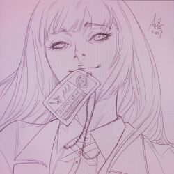  1girl blazer closed_mouth commentary english_commentary highres hyakkaou_academy_school_uniform jabami_yumeko jacket jewelry kakegurui lineart long_hair looking_at_viewer monochrome mouth_hold necklace photo_(medium) photoshop_(medium) portrait school_uniform shirt signature sketch solo stanley_lau 