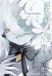  1girl :d artist_name bandaged_hand bandages black_bow black_bowtie blue_archive bow bowtie bug butterfly colored_skin commentary_request cover cover_page dissolving doujin_cover dress english_text gem hair_over_one_eye hand_on_own_chest highres looking_at_viewer mifuji_(fujisan_1933331) one_eye_covered open_mouth partial_commentary portrait short_hair smile sof_(blue_archive) solo symbol-shaped_pupils white_butterfly white_dress white_hair white_skin wrist_bow yellow_eyes yellow_gem 