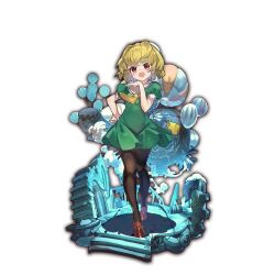  1girl aircraft blonde_hair brown_shoes commentary_request dirigible dress green_dress higurashi_no_naku_koro_ni houjou_satoko jpeg_artifacts last_period necktie official_art open_mouth orange_eyes puffy_short_sleeves puffy_sleeves sailor_collar shoes short_hair short_sleeves solo white_sailor_collar whoopin yellow_necktie 