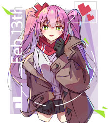 1girl :3 black_gloves black_skirt blush border bright_pupils brown_coat cardigan coat commentary_request cropped_legs double-parted_bangs gloves green_eyes hair_between_eyes hand_up heart highres long_hair long_sleeves looking_at_viewer miniskirt off_shoulder open_clothes open_coat open_mouth original outside_border pink_hair pleated_skirt red_scarf scarf skirt solo tetenka thick_eyebrows twintails white_border white_cardigan white_pupils 