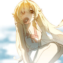  1girl bare_shoulders blonde_hair blush commentary doughnut dress food food_in_mouth highres long_hair monogatari_(series) oshino_shinobu sasaki_aka sitting sunlight very_long_hair water white_dress yellow_eyes 