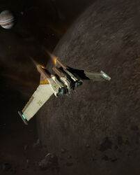  3d absurdres asteroid commentary english_commentary flying glowing highres jupiter_(planet) mark_zhang mixed_media no_humans original planet space spacecraft spacecraft_turret star_(sky) thrusters vehicle_focus 