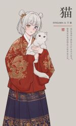  1girl absurdres alternate_costume alternate_hairstyle animal aoqun bang_dream! bang_dream!_it's_mygo!!!!! blue_eyes blush brown_eyes cat chinese_clothes chinese_text double_bun english_text grey_background hair_bun hair_ornament hanfu heterochromia highres holding holding_animal holding_cat kaname_raana long_sleeves looking_at_viewer mixed-language_text risumia short_hair simple_background smile solo standing white_cat white_hair wide_sleeves yellow_eyes 