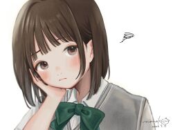  1girl :| blush bow bowtie brown_eyes brown_hair closed_mouth collared_shirt commentary dated green_bow green_bowtie grey_jacket hand_on_own_cheek hand_on_own_face highres jacket looking_at_viewer nena_labo original portrait shirt short_hair signature simple_background solo squiggle straight_hair untranslatable_commentary white_background white_shirt 
