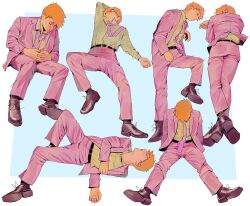  1boy absurdres collared_shirt deg2999 formal_clothes highres jacket male_focus mob_psycho_100 necktie orange_hair pants pink_jacket pink_necktie pink_pants pink_suit reigen_arataka shirt solo suit suit_jacket 