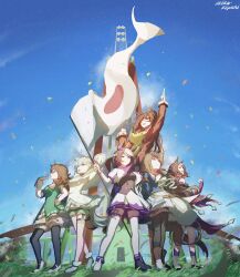 6+boys 6+girls animal_ears armband asymmetrical_footwear bare_shoulders black_gloves black_pantyhose black_thighhighs blue_eyes blue_jacket blue_sky bow braid breasts brown_choker brown_hair buttons choker clouds coat confetti detached_sleeves domino_mask double-breasted dress ear_bow ear_covers ear_ribbon ear_scrunchie el_condor_pasa_(el_numero_1)_(umamusume) el_condor_pasa_(umamusume) eye_mask flag flower frilled_thighhighs frills gloves golden_generation_(umamusume) grass_wonder_(stone-piercing_blue)_(umamusume) grass_wonder_(umamusume) green_bow green_dress green_sailor_collar green_shorts grey_hair hair_between_eyes hair_flower hair_ornament hairclip half_up_braid highres holding holding_flag horse_ears horse_girl horse_tail jacket japanese_flag king_halo_(king_of_emeralds)_(umamusume) king_halo_(umamusume) large_breasts long_hair long_sleeves mask medium_breasts mismatched_footwear multicolored_hair multiple_boys multiple_girls off-shoulder_coat off-shoulder_dress off_shoulder open_mouth pantyhose ponytail purple_bow purple_ribbon purple_vest red_coat red_eyes red_jacket ribbon rika-kiyoshi sailor_collar seiun_sky_(reeling_in_the_big_one)_(umamusume) seiun_sky_(umamusume) shirt shoes short_hair short_sleeves shorts single_ear_cover skirt sky small_breasts smile special_week_(special_dreamer)_(umamusume) special_week_(umamusume) streaked_hair sunflower sunflower_hair_ornament tail thigh-highs thigh_strap tsurumaru_tsuyoshi_(dream_bold_stand_tall_tsuyoshi!)_(umamusume) tsurumaru_tsuyoshi_(umamusume) two-tone_hair umamusume vest violet_eyes white_dress white_hair white_jacket white_thighhighs wristband yellow_shirt 