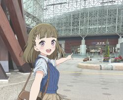  1girl ahoge bag blue_shirt blue_sweater_vest blush braid brown_bag brown_skirt center-flap_bangs commentary_request handbag heart heart_ahoge highres ishikawa_prefecture kachimachi_kosuzu kachimachi_kosuzu_(hasu_no_shoushihenkei_no_kyuujitsu) kanazawa_(city) kanazawa_station looking_at_viewer love_live! love_live!_hasu_no_sora_jogakuin_school_idol_club outdoors photo_background pleated_skirt pointing shirt short_sleeves side_ahoge side_braids skirt solo sweater_vest tottsan train_station violet_eyes virtual_youtuber 