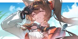  1girl ^_^ angelina_(arknights) angelina_the_mellow_wish_(arknights) animal_ear_fluff animal_ears arknights black_collar black_gloves black_hairband blue_sky brown_hair closed_eyes clouds collar enoharatoki fox_ears fox_girl gloves hair_between_eyes hairband highres infection_monitor_(arknights) long_hair long_sleeves multicolored_hairband sky smile solo twintails two-tone_hairband 