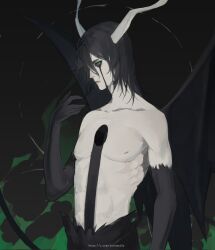 1boy black_background black_hair black_wings bleach claws closed_mouth collarbone colored_sclera commentary demon_wings facial_mark grey_sclera hair_between_eyes halo highres hole_in_chest hole_on_body horns looking_at_viewer male_focus medium_hair pale_skin red_eyes solo topless_female twitter_username ulquiorra_cifer upper_body wings yorumudts 