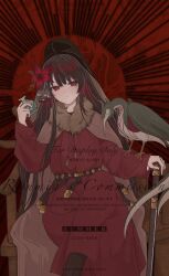 1girl alternate_costume animal belt bird black_hair chinese_clothes chinese_text closed_mouth coat crossed_legs dated english_text feet_out_of_frame flower fur_trim hair_flower hair_ornament hanfu hat highres holding long_hair long_sleeves looking_at_viewer mahou_shoujo_no_majo_saiban mixed-language_text multicolored_hair nikaido_hiro red_eyes red_flower red_hair risumia sitting solo very_long_hair yuanlingpao 