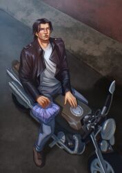  1boy angeal_hewley beard bento black_hair black_jacket blue_eyes blue_pants brown_shoes chinstrap_beard commentary crisis_core:_final_fantasy_vii denim english_commentary facial_hair final_fantasy final_fantasy_vii from_above full_body highres holding holding_bento jacket jeans leather leather_jacket looking_at_viewer male_focus motor_vehicle motorcycle nananarina_7 on_motorcycle pants parted_bangs parted_lips shirt shoes short_hair sideburns sitting smile solo white_shirt 