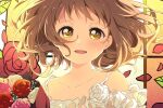  blush bouquet brown_hair crying crying_with_eyes_open dot_nose dress floating_hair floral_background flower flower_ornament frilled_dress frills happy looking_at_viewer medium_hair namori open_mouth original portrait rose stained_glass tearing_up tears white_dress yellow_eyes 