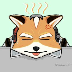  1boy anger_vein animal_ears artist_name closed_eyes closed_mouth commentary_request fox_boy fox_ears fox_mccloud furry furry_male highres male_focus orange_fur sikkokumaru1017 star_fox star_fox_(2026) sweatdrop tongue tongue_out 