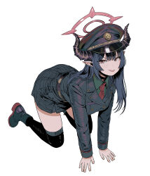  1girl absurdres all_fours black_boots black_coat black_hair black_hat black_horns black_skirt black_thighhighs blue_archive boots breasts chiaki_(blue_archive) coat collared_shirt commentary curved_horns demon_horns full_body green_shirt halo hat highres horns large_breasts long_hair long_sleeves looking_at_viewer multicolored_boots necktie peaked_cap pink_eyes pointy_ears red_boots red_halo red_necktie savage_blow shirt simple_background skirt smile solo thigh-highs tongue tongue_out two-tone_boots untranslatable_commentary white_background 