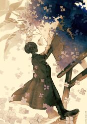  1boy artist_name canvas_(object) coat commentary_request crossed_bangs dark-skinned_male dark_skin fantasy flower from_side hair_between_eyes highres instagram_username jimini_shijimi long_sleeves original painting_(action) pants shoes short_hair skeb_username solo standing twitter_username white-haired_man_(jimini_shijimi) white_hair 