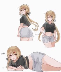  1girl black_shirt brown_eyes brown_hair commentary_request cowboy_shot crop_top dolphin_shorts grey_shorts hair_ornament hairclip highres kantai_collection looking_at_viewer low_twintails lying mia_umauma multiple_views navel on_side one_eye_closed shirt shorts simple_background smile standing tashkent_(kancolle) twintails white_background 