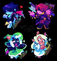  1other 2boys 2girls absurdres animal_ears antlers armlet axe berdly_(deltarune) black_background blue_skin bracelet buck_teeth cape chibi colored_skin colored_teeth cosplay deer_antlers deer_ears deer_girl deltarune fever_el_cacas furry furry_female furry_male goat_boy goat_ears green-framed_eyewear green_robe health_bar highres holding holding_axe holding_sword holding_weapon horns jewelry kris_(dark_world)_(deltarune) kris_(deltarune) multiple_boys multiple_girls noelle_holiday noelle_holiday_(cosplay) noelle_holiday_(dark_world) pink_cape pink_horns pink_scarf pink_skin ralsei red_soul_(utdr) reindeer_girl reptile_girl robe scarf snowflakes soul_(utdr) spiked_armlet spiked_bracelet spikes susie_(dark_world)_(deltarune) susie_(deltarune) sword teeth the_fun_gang utdr_(toby_fox) weapon white_robe yellow_teeth 