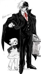  1boy 1girl black_jack_(character) black_jack_(series) coat collared_shirt commentary_request ez_wy full_body greyscale highres holding holding_suitcase long_sleeves looking_at_another monochrome multicolored_hair neck_ribbon pants pinoko red_ribbon ribbon shirt short_hair skirt smile split-color_hair spot_color standing stitched_face stitches suitcase twitter_username vest white_background 