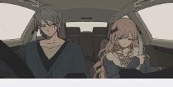  1boy 1girl absurdres arisu_yurika bow brown_hair car_interior cardigan character_request chinese_commentary closed_mouth collarbone commentary_request couple dot_nose frills grey_eyes grey_hair hair_between_eyes hair_bow hetero highres indoors long_hair long_sleeves looking_at_another looking_to_the_side multicolored_eyes parted_lips red_bow rokkatera seatbelt shirt taishou_x_alice two-tone_eyes upper_body wavy_hair 