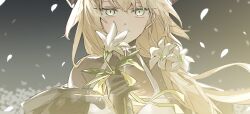  1girl arknights black_gloves blonde_hair colored_eyelashes commentary_request flower gloves green_eyes hair_flower hair_ornament highres holding holding_flower horns long_hair ok_o_o petals reed_(arknights) reed_the_flame_shadow_(arknights) smile 