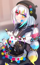  1girl beret black_hat black_jacket bow collared_shirt colored_tips commentary_request contrast_collar hair_bow hat heterochromia highres holding holding_paintbrush jacket jacket_partially_removed jogasaki_noah long_hair long_sleeves looking_at_viewer mahou_shoujo_no_majo_saiban multi-tied_hair multicolored_eyes multicolored_hair muuma natsume_an-an neck_ribbon off_shoulder paint_splatter paint_splatter_on_face paintbrush painting_(action) painting_(object) polka_dot polka_dot_bow polka_dot_skirt red_eyes ribbon shirt sitting skirt sleeve_bow solo spray_can streaked_hair white_hair white_shirt yellow_eyes 