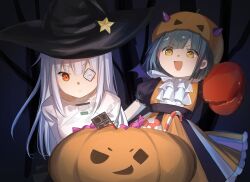  2girls absurdres black_hat bungo_yayoi candy closed_mouth commentary eyepatch food green_hair halloween halloween_bucket halloween_costume hat heaven_burns_red highres kr_woyue long_hair multiple_girls open_mouth pumpkin red_eyes short_hair untranslatable_commentary white_hair witch_hat yamawaki_bon_ivar yellow_eyes 