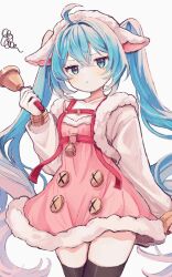  1girl ahoge animal_ears bell black_thighhighs blue_eyes blue_hair blush collarbone commentary_request dress fur_dress goat_ears gradient_hair hair_between_eyes hair_intakes handbell hatsune_miku highres holding jacket jitome karunabaru long_sleeves looking_at_viewer multicolored_hair official_alternate_costume pout sidelocks solo standing tearing_up thigh-highs twintails vocaloid white_background white_jacket 