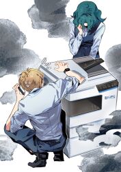  2girls bishoujo_senshi_sailor_moon black_vest blonde_hair broken collared_shirt commentary full_body green_hair highres holding holding_phone kaiou_michiru long_hair long_sleeves multiple_girls pants phone printer shirt shoes short_hair sleeves_rolled_up smoke squatting standing sweat talking_on_phone ten'ou_haruka tiptoes untranslatable_commentary very_short_hair vest watch watch wavy_hair white_background white_shirt yumi_xsh 