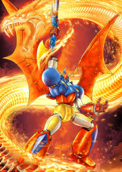  70s_robot_anime_geppy-x absurdres arm_up commentary_request commission dragon elemental_(creature) elemental_animal fire fire_elemental full_body geppy-x geppy-xx highres holding holding_sword holding_weapon legs_apart mecha mechanical_wings misogram no_humans red_wings robot skeb_commission solo standing super_robot sword weapon wings yellow_eyes 