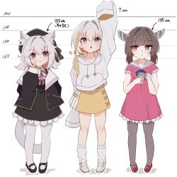  3girls absurdres animal_ears beret bi_(bi_trip_machine) black_dress black_hat blonde_hair braid brown_eyes brown_hair cat_ears cat_girl cat_tail closed_mouth commentary_request dress expressionless frilled_dress frills full_body grey_pantyhose hat headgear height height_chart highres hood hood_down hoodie long_sleeves looking_at_another looking_to_the_side medium_hair multiple_girls natsume_itsuki_(synthesizer_v) open_mouth pantyhose pink_dress sayo_(voicevox) shirt short_hair short_sleeves single_braid skirt sleeves_past_fingers sleeves_past_wrists standing synthesizer_v tail touhoku_kiritan voiceroid voicevox white_background white_hair white_hoodie white_pantyhose white_shirt yellow_skirt 
