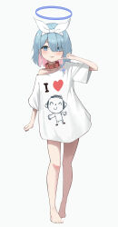  1girl absurdres animal_collar arona_(blue_archive) blue_archive blue_eyes blue_hair blue_halo bow chrono061107 collar commentary feet hairband halo highres off_shoulder shirt solo tongue tongue_out white_bow white_hairband white_shirt 