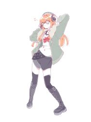  1girl :3 arms_up black-framed_eyewear black_boots black_shorts black_thighhighs blush boots closed_eyes closed_mouth commentary eighth_note full_body fur-trimmed_jacket fur_trim glasses green_jacket hands_on_headphones headphones highres humming jacket knee_boots legs_apart listening_to_music long_hair long_sleeves musical_note open_clothes open_jacket orange_hair persona persona_5 round_eyewear sakura_futaba shirt shorts simple_background smile solo standing thigh-highs untranslatable_commentary white_045 white_background white_shirt 