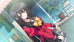  1girl arms_at_sides black_eyes black_hair black_sailor_collar black_skirt blunt_bangs blunt_ends bow bowtie buttons closed_mouth cross-laced_clothes day door double-breasted dutch_angle frilled_skirt frills game_asset glass hachimori_hinoto juliet_sleeves long_hair long_sleeves looking_at_viewer miniskirt non-web_source orange_memories outdoors plant pleated_skirt potted_plant puffy_sleeves red_shirt ribbon_trim sailor_collar school_uniform self-datamine shirt shopping_district sign skirt sleeve_cuffs solo standing window yellow_bow yellow_bowtie zinno 
